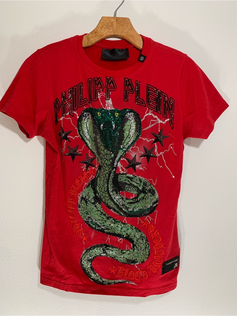 Philipp Plein Red Tee with Green Sequin Cobra Graphic